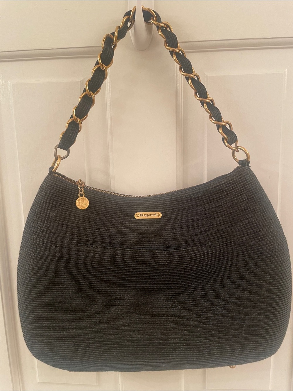 Eric Javits Black Woven Shoulder Bag with Gold Chain-Detail Strap